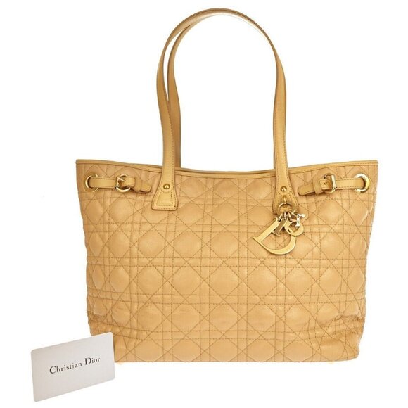 CHRISTIAN DIOR Panarea Cannage Tote Shoulder Bag Coating Canvas Leather 76RH100 - Picture 1 of 16